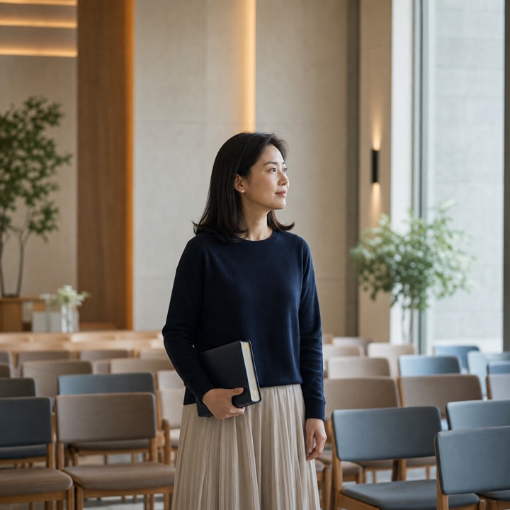 예배 공간에 서 있는 성도